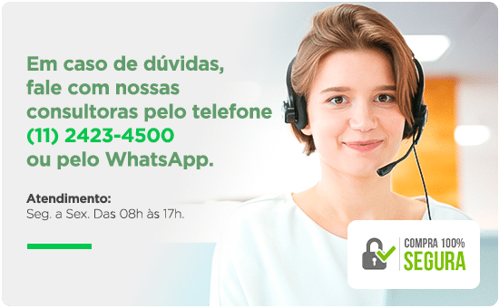 Banner com texto: Em caso de dúvidas, fale com nossas consultoras pelo telefone (11) 2423-4500 ou pelo WhatsApp. Atendimento Segunda a Sexta das 08h às 17h